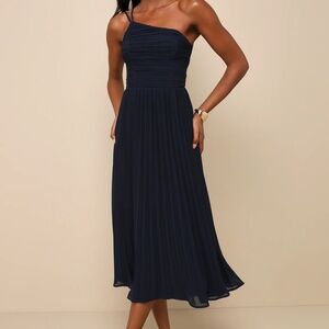 Lulus Dress Navy Blue Medium Wondrous Muse Pleated One Shoulder Midi Dress
